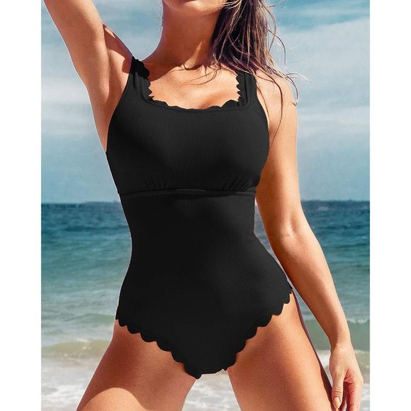 Women's Black Scalloped Ribbed One Piece Retro Square Neck Modest Swimsuits - Picture 3 of 9